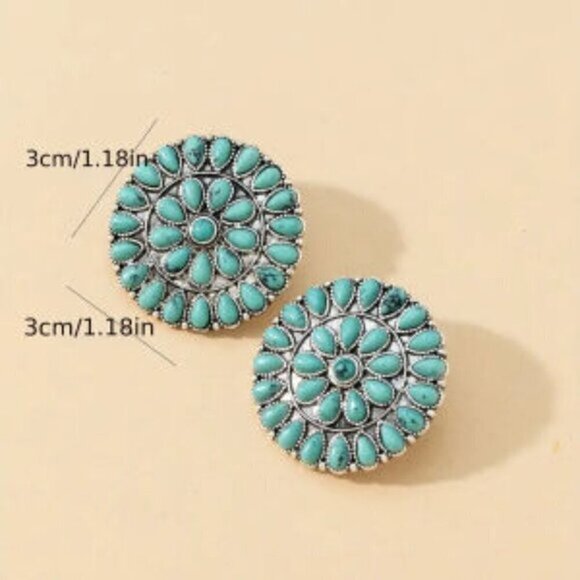 Round Turquoise Contrast Color Disc Stud Earrings - Picture 2 of 2